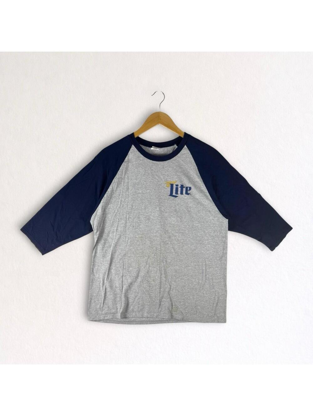 Miller Lite Raglan T Shirt Mens Large Gray Blue Beer Graphic 3/4 Sleeve